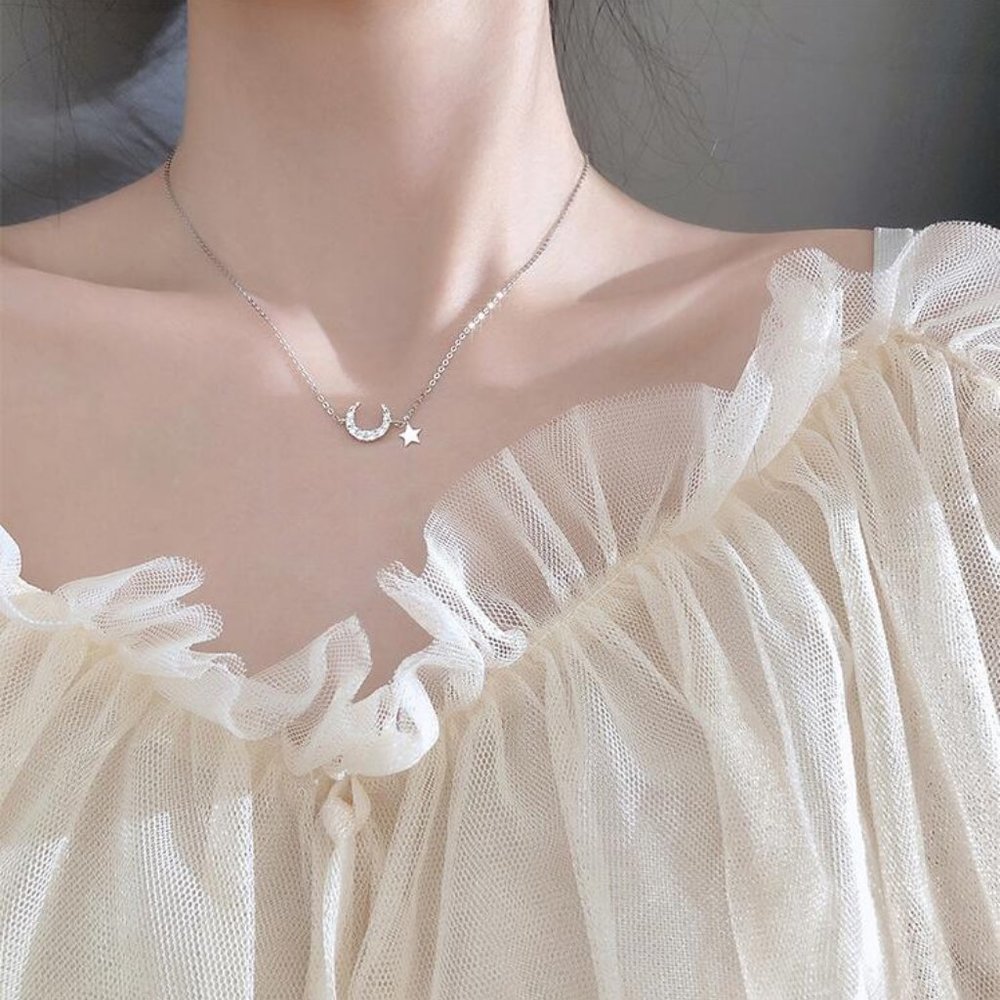 NEW Diamond Moon Star Sterling Silver Necklace - Picture 4 of 9